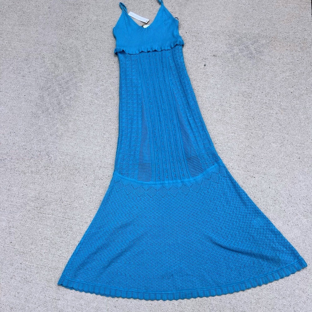 House of Harlow 1960 dress medium maxi Blue Pointelle Knit Ruffle VNeck boho NWT